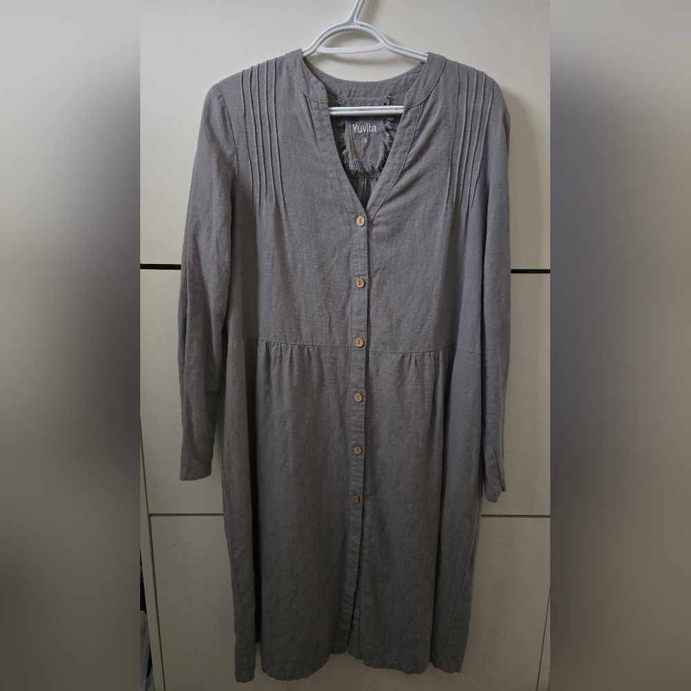 Yuvita Long Sleeve 100% Linen Shirt Dress In Gray-Small